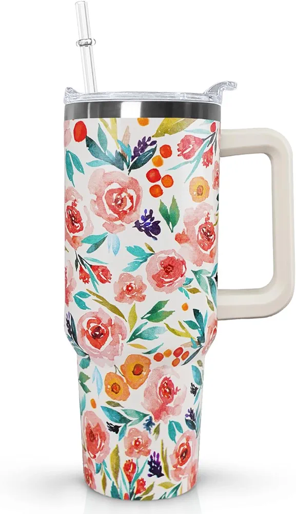 Ceovfoi Flower Tumbler with Handle Lid and Straw,40 Oz Watercolor Rose Bouquet Floral Tumbler Water Bottle Travel Coffee Cup Mug,Flower Gifts for Women,Flowers Decor,Accessories