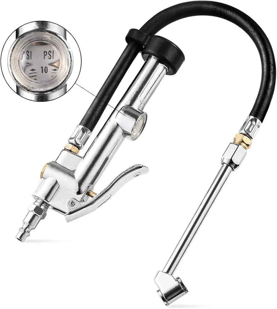 CZC AUTO Tire Inflator Air Pressure Gauge with Rubber Hose, 10-120PSI Dual Head Heavy Duty 1/4" FNPT Tyre Inflator Gage Compatible with Air Pump Compressor for Truck RV Bus Car Motorcycle Bike