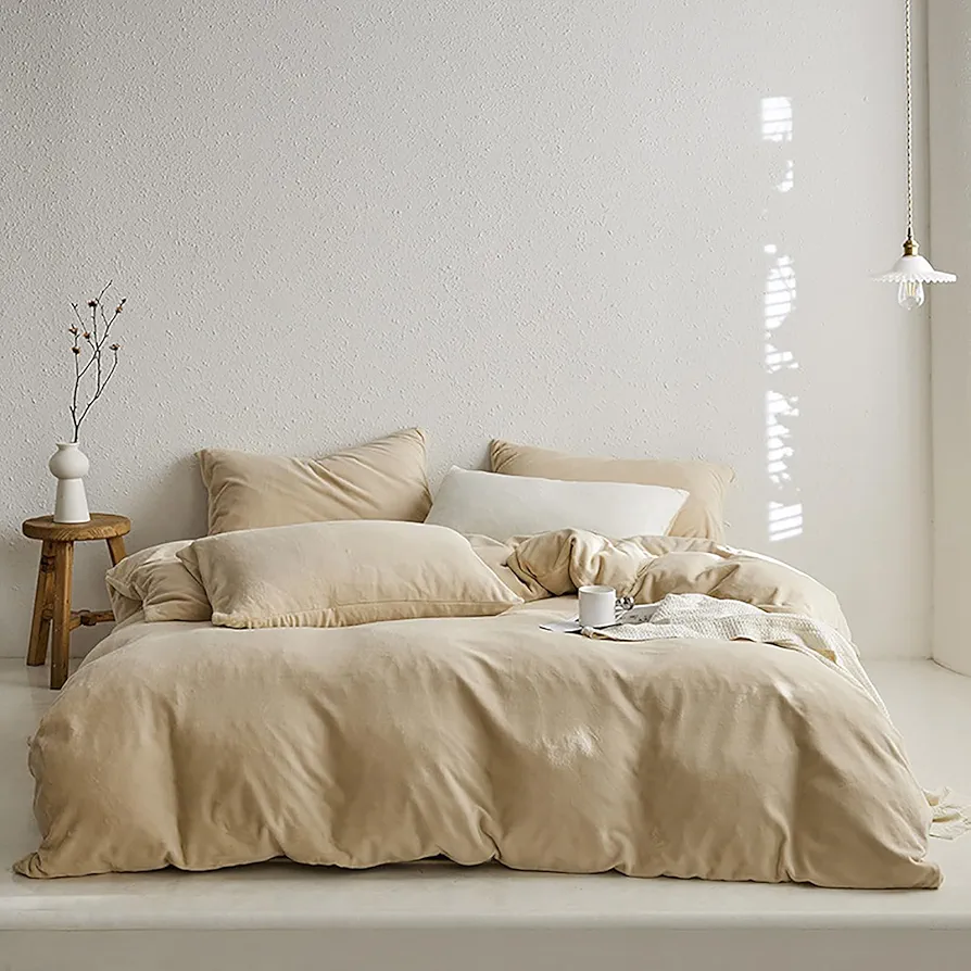 Cottonight Cream Coffee Velvet Comforter Set King Khaki Bedding Comforter Set Dark Champagne Brown Solid Blanket Quilts Flannel Modern Winter Warm Taupe 3 Piece Light Coffee Bedding Set for Women Men