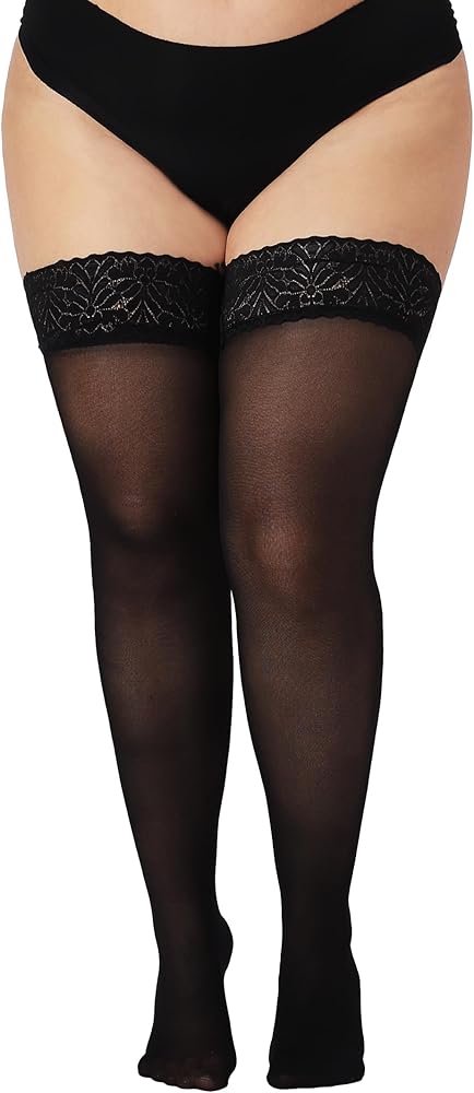 DancMolly Plus Size Thigh High Stockings, Semi Sheer Lace Top Stay Up Pantyhose for Women
