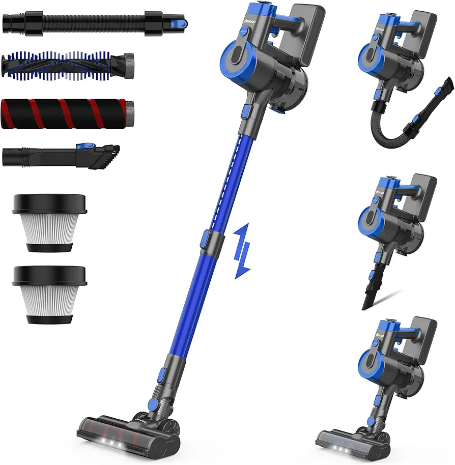 DEVOAC V90 Cordless Vacuum Cleaner, Quiet Lightweight Stick Vacuum, 365W Motor 28KPa Powerful Suction, Up to 45mins Runtime, 6 in 1 Handheld Vacuum for Hard Floor Carpet Pet Hair (Blue)
