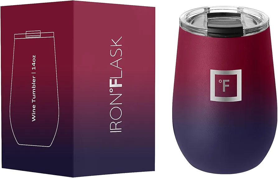 IRON °FLASK Insulated Wine Tumbler with Lid, w/Leak-Proof Lid - Keeps Drinks Hot & Cold w/Double Walled, Vacuum Stainless Steel Exterior - Travel Cup - Dark Rainbow, 14 Oz