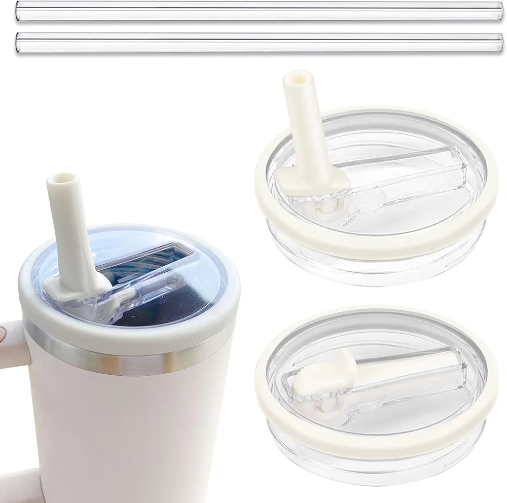 2 Pack Tumbler Flip Straw Lids, Replacement Leak Proof Lid For Stanley Quencher 40 oz, Reusable Spill Proof Splash Resistant Tumbler Cover for Stanley Cup. (Beige)