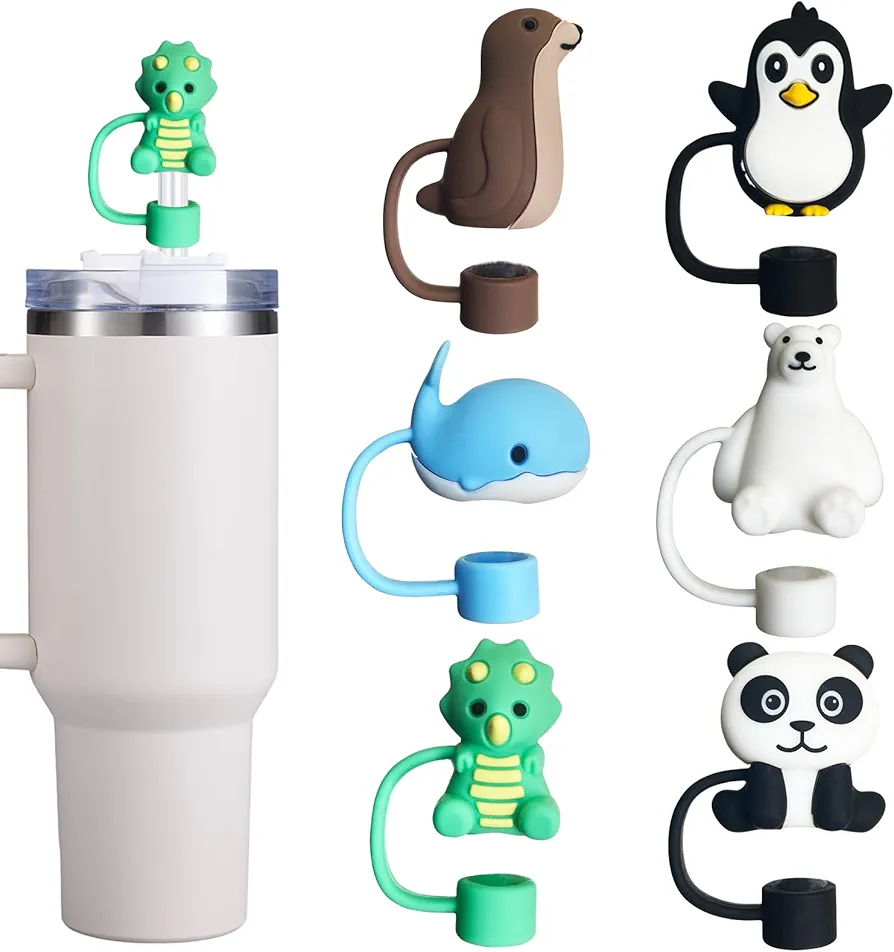 6PCS Straw Cover Cap for Stanley Cup, Silicone Cute Animal Straw Topper for Stanley 30&40 Oz Tumbler with Handle, 10mm 0.4in Dust-Proof Reusable Straw Tips Lids. (Color 5)