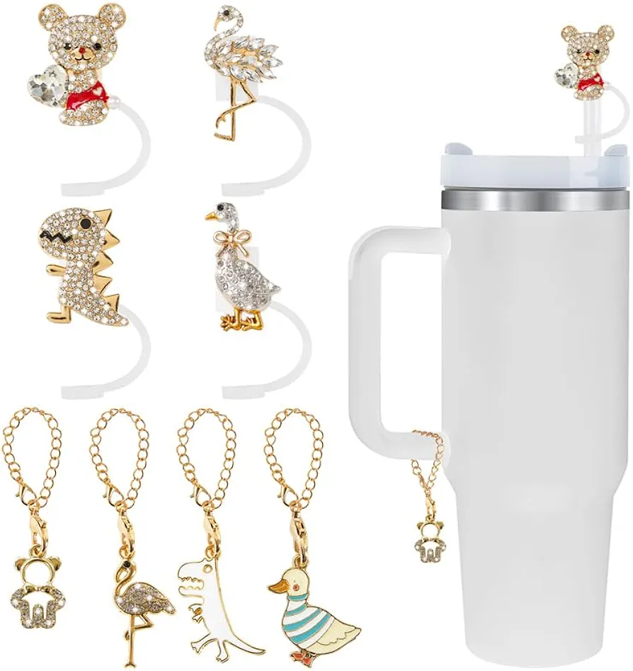 Bling Straw Cover Cap for Stanley Cup 30&40 Oz - 4PCS 10mm Silicone Straw Topper Lids Protectors and Matching Chain Charms Tumblers Accessories(Cute Animals)
