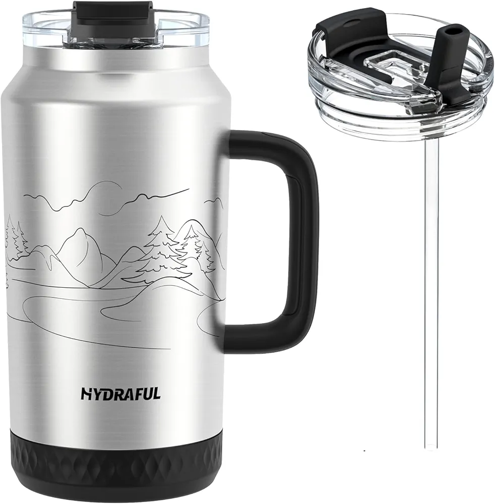 Hydraful 64 oz Tumbler with Handle and Straw - 100% Leak-Proof - Insulated Cup Reusable Stainless Steel Large Water Bottle Travel Mug for Gym, Hiking, and Camping - Gifts for Women Men Him Her