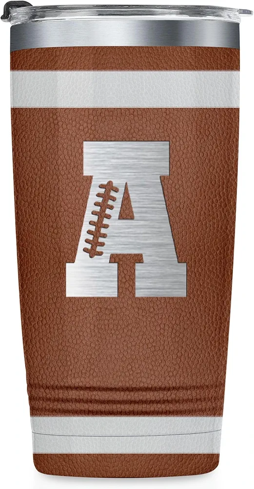Onebttl Personalized Football Gifts for Teen Boys, Men, Coaches, 20oz Stainless Steel Tumbler with Laser Etched Initials for Football Players, Lovers - A