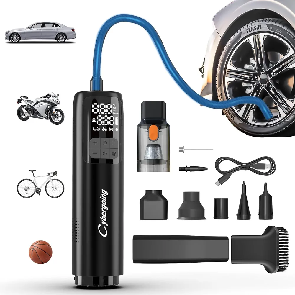 Tire Inflator Portable Air Compressor 150 PSI & Handheld Car Vacuum Cordless 10000Pa, 2 in 1 Rechargeable Hand Vacuum Tire Pump with LED Screen for Car, Motorcycle, Bike, Ball