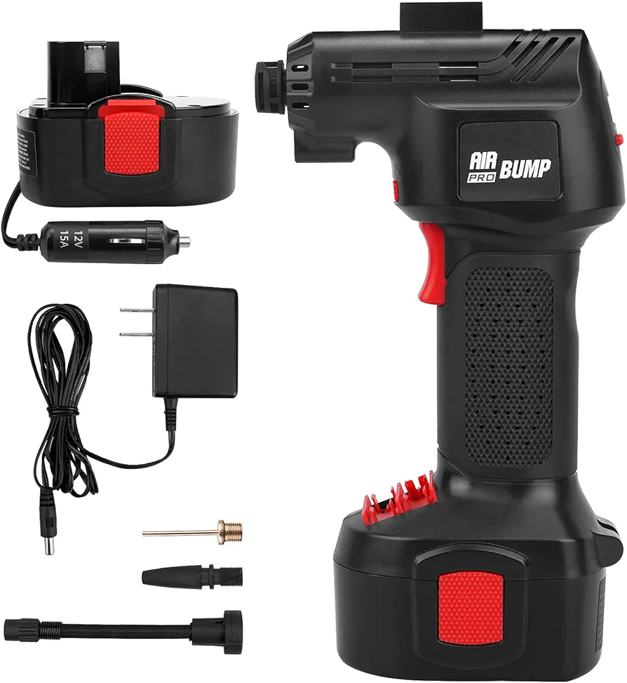 Air Compressor Portable with Auto Shutoff Digital Pressure Gauge, 12V Cordless Portable Air Compressor for Car/Bike Tires with Rechargeable Li-ion Battery and Car Power Cord,Red Black