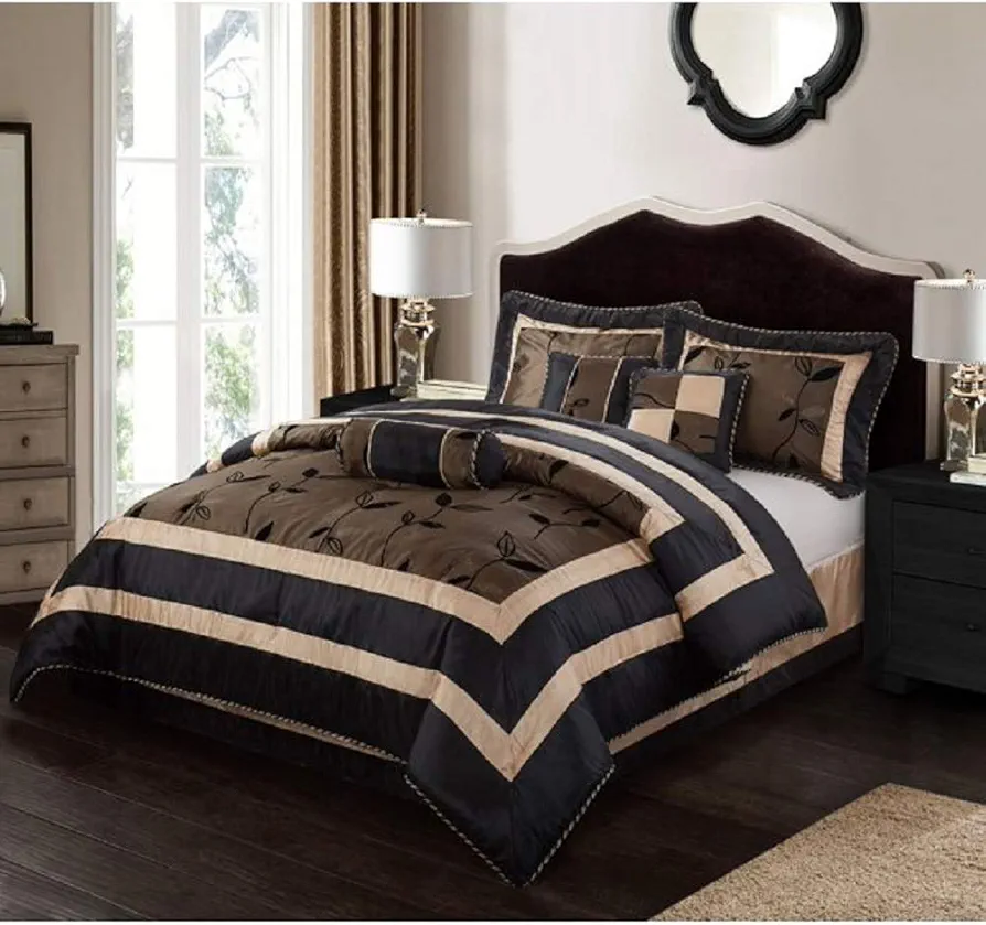 7Pc Rich Style Mocha Brown Fluffy Comforter Full Size | Sophisticated Leaf Pattern Flocked Design Metallic Print Comfy Bed Comforter Elegant Nature 3d Effect Taffeta Fabric Bedroom Decor Pillows Shams