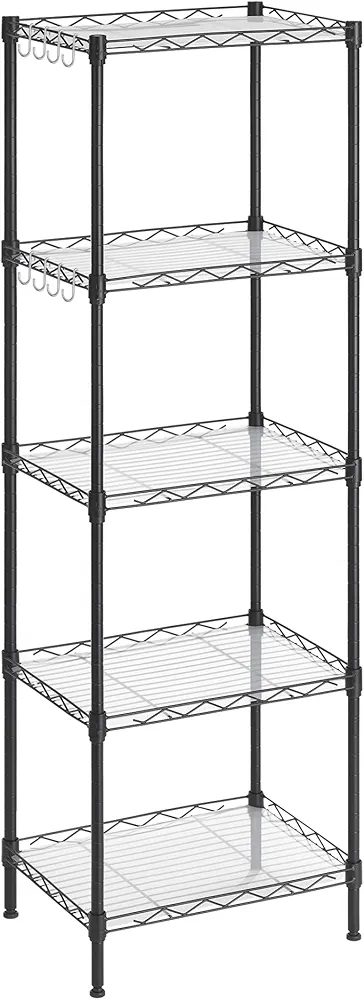 SONGMICS 5-Tier Storage Shelves, Wire Shelving Unit, Kitchen Metal Shelves, Storage Rack with Adjustable Shelves, Shelf Liners, 8 Hooks, for Garage, 11.8 x 15.7 x 47.6 Inches, Black ULGR115B01