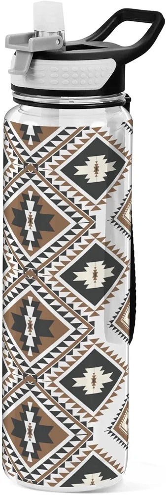 Aztec Navajo Water Bottle with Straw Lid 32oz Leakproof Clear Gym Water Bottles for Women Men Outdoor Sport Drinking