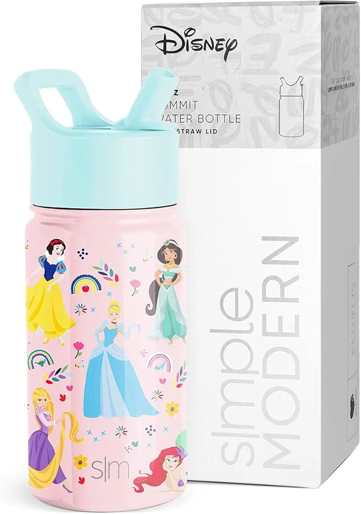 Simple Modern Disney Princess Kids Water Bottle with Straw Lid | Reusable Insulated Stainless Steel Cup for Girls, School | Summit Collection | 14oz, Princess Rainbows