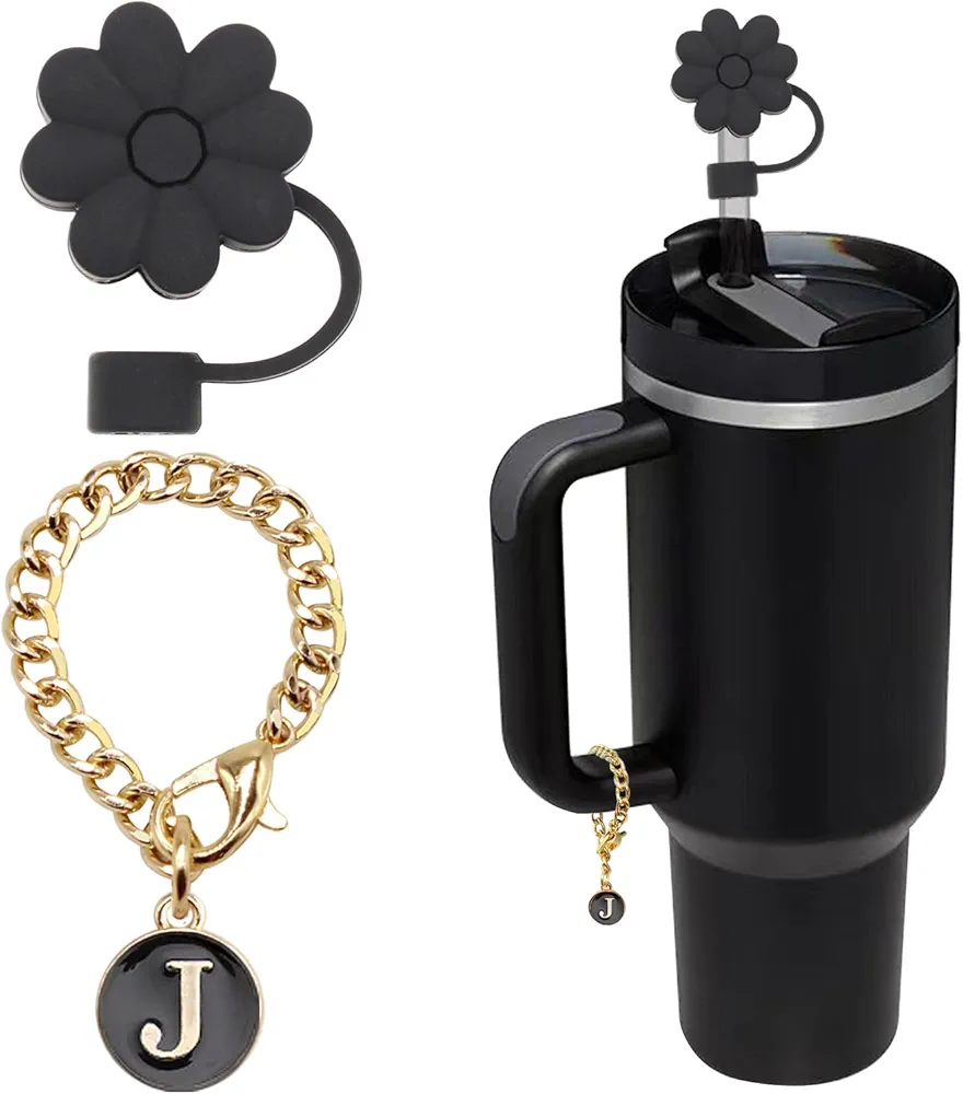 Stanley Cup Accessories, 1pc Flower Stanley Straw Cover Silicone Straw Topper for Stanley 30&40 oz Tumbler with Handle and 1pc Initial Letter Charm for Stanley Cup (Letter J)