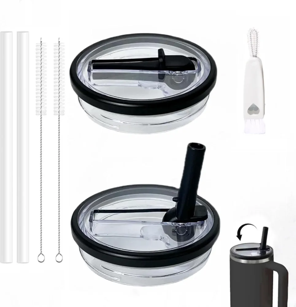 40 Ounce Flat Lid Replacement for Stanley Quencher Tumbler 2 Pack Leak Proof Bottom Cup Lid with Straw Brush and Lid Brush Compatible with Stanley Cup Accessories Replacement Straws(1, Black+Black)