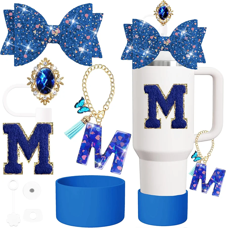 8PCS Stanley Cup Accessories Set Including Silicone Straw Topper Cover Cap and Boot,Spill Proof Stopper,Handle Charm,Sticker Lette (Dark blue M)