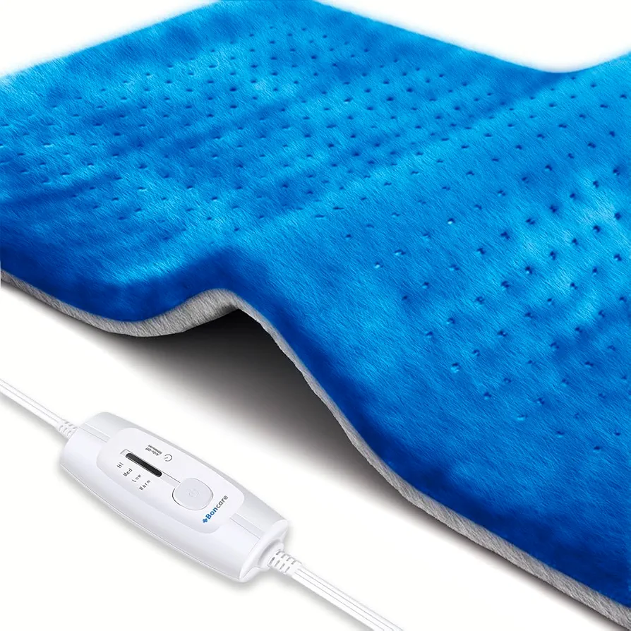 Boncare® Large Electric Heating Pad for Period Cramps and Back Pain Relief with Auto Shut Off and 4 Temperature Settings, Super Soft Heat Pad for Moist & Dry Natural Therapy (Blue, 12”x24”)