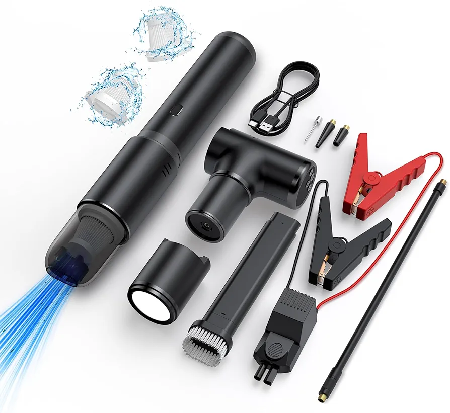 4 in 1 Car Vacuum Cleaner High Power 10000PA Handheld Car Vacuum & Tire Inflator Portable & Jump Start, Flashlight, Air Pump for Car Motorcycles Ball, Essential Car Accessories for Women Men