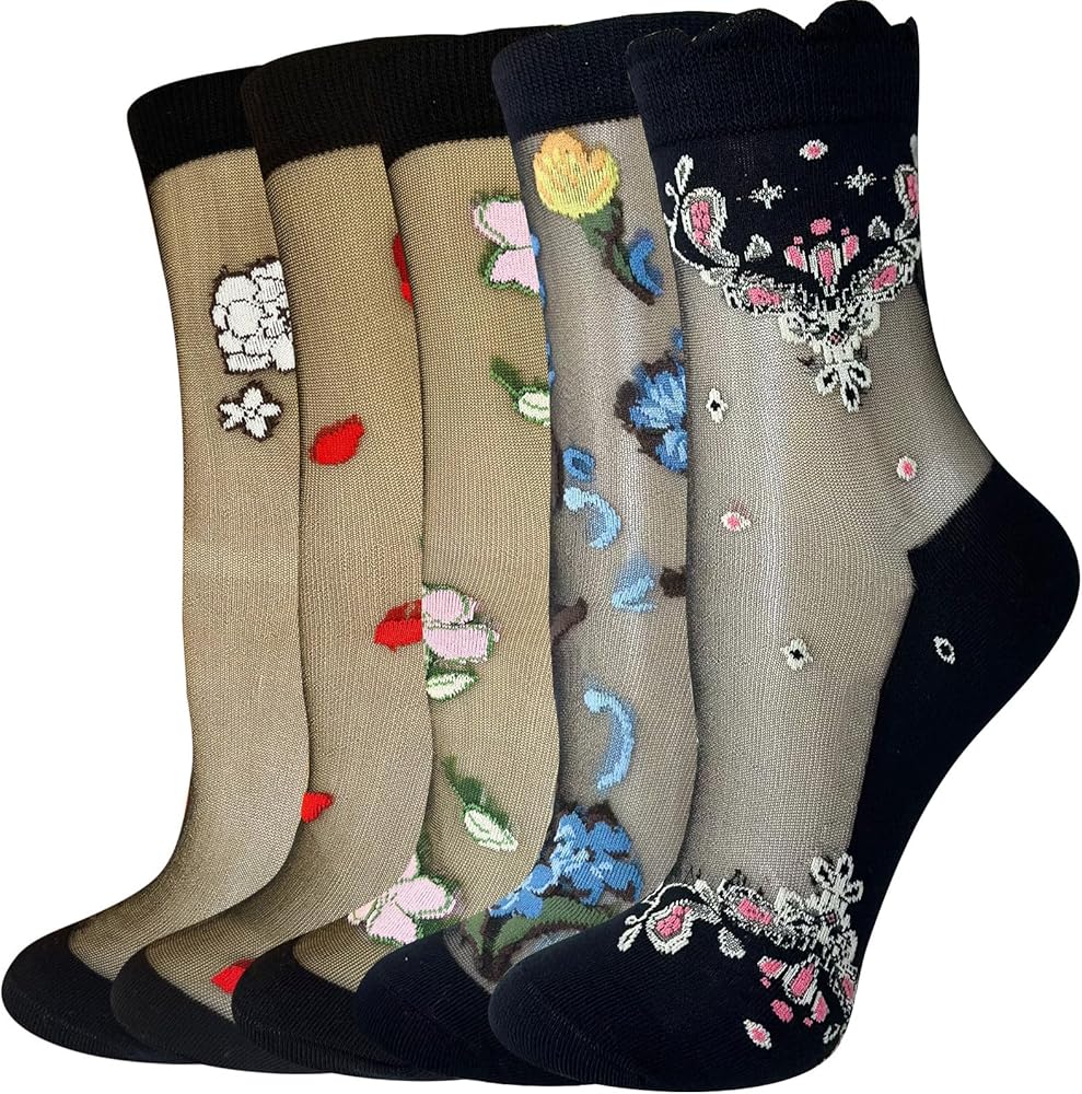 Cityelf 5 Pack Women Sheer Socks Summer Ruffle Thin Cool Socks See Through Silky Lace Ankle Cute Socks Stocking