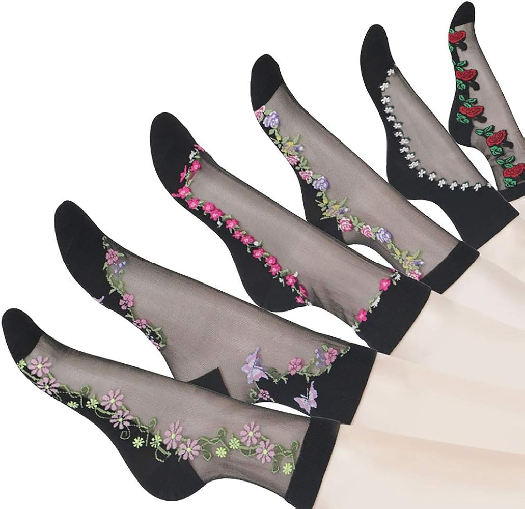 Tvoip 6 Pairs Fashion Women Lace Flower Ankle High Fish Net Socks Crystal Glass Silk Short Thin Transparent Roses Fishnet Socks