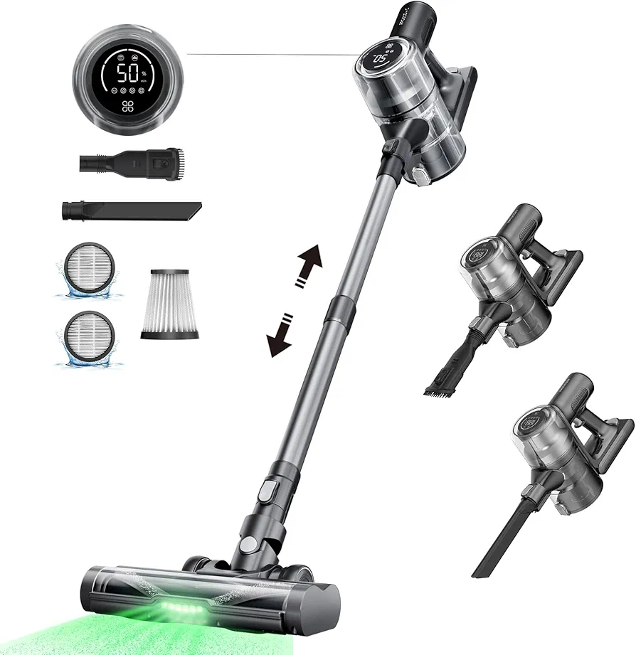 Proscenic P13 Cordless Vacuum Cleaner, 45Kpa 50Mins Runtime Vacuum Cleans for Home, Powerful Lightweight Stick Vacuum with Green Light, Anti-Tangle Brush, LED Display for Floor, Pet Hair, Carpet