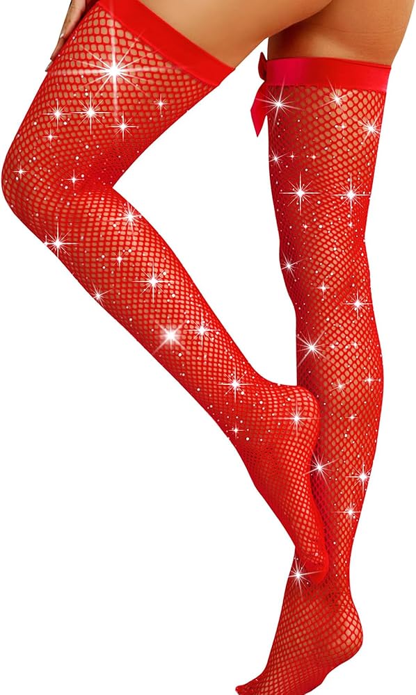 RSLOVE Women Thigh High Stockings Sparkly Rhinestone Fishnets with Satin Bow Tights Pantyhose Hosiery