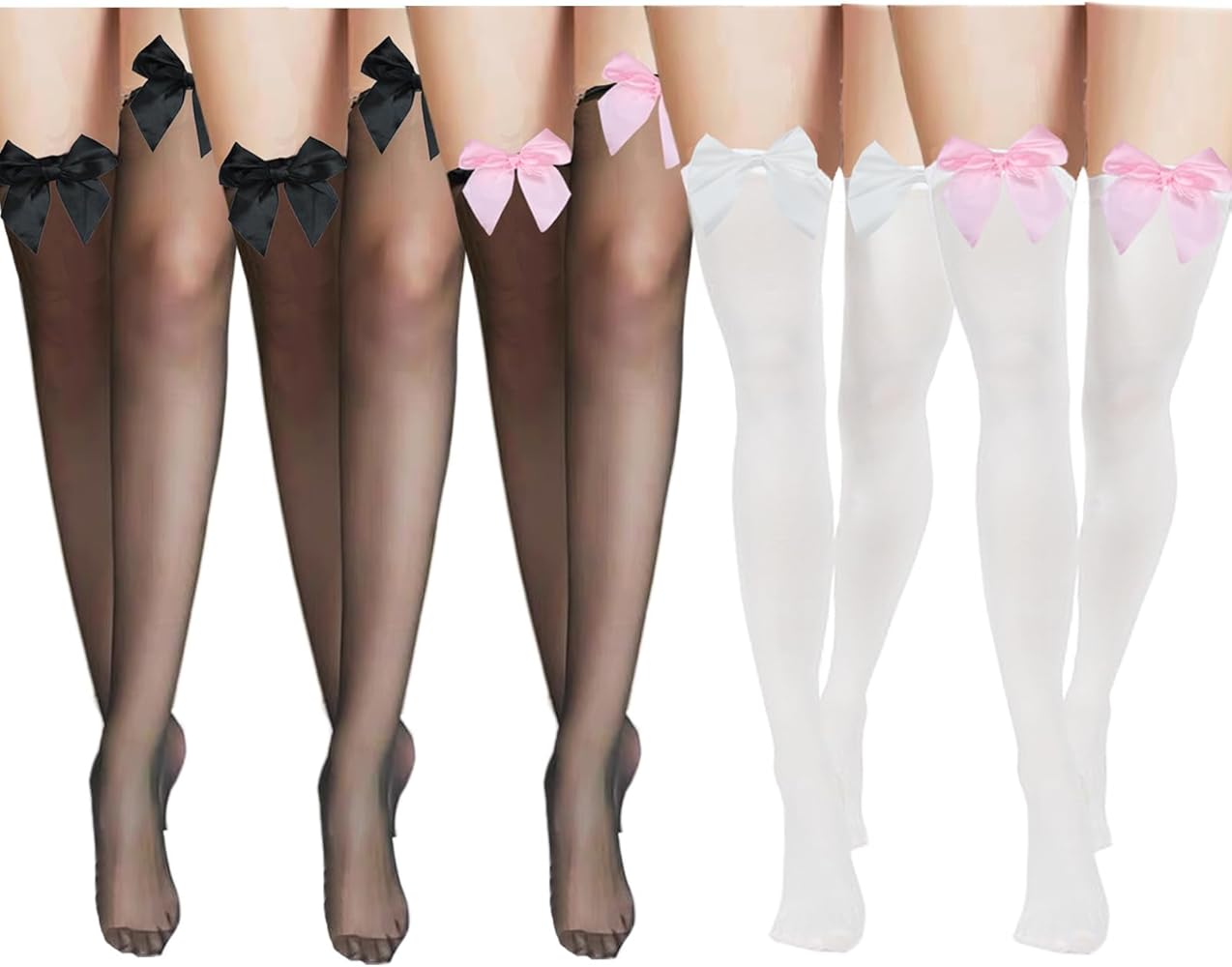 5PCS Women's Bow Lace Thigh High Stockings Over The Knee Socks for Women Girls Daily Dress