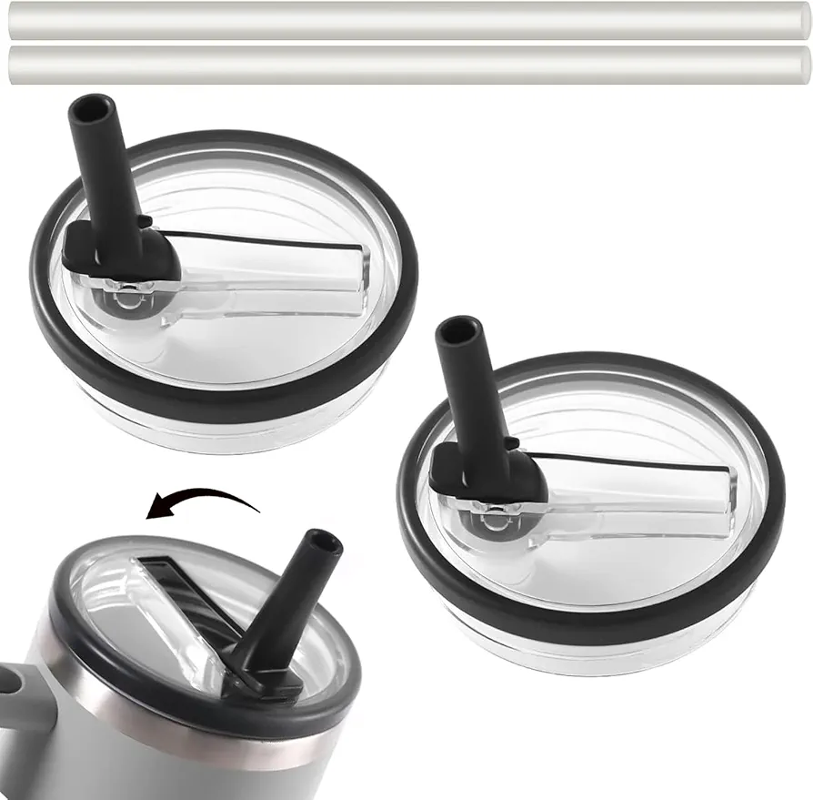 2 Pack 30 oz Tumbler Flip Straw Lid for Stanley Quencher Leak Proof Lid Replacement for Stanley H2.0 Flow State Tumbler, Reusable Lid for Stanley Tumbler Cup (Black+Black, 30 oz)