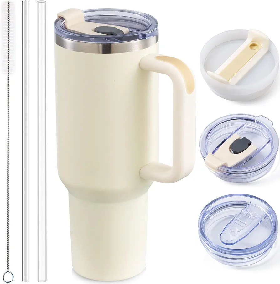40 oz Tumbler with Handle and Straw, 3 Lids Insulated Tumblers, 100% Leak Proof Tumbler with Lid and Straw, Water Cup with Lid and Metal Straw, Stainless Steel Bottle with Straw and Lid for Water