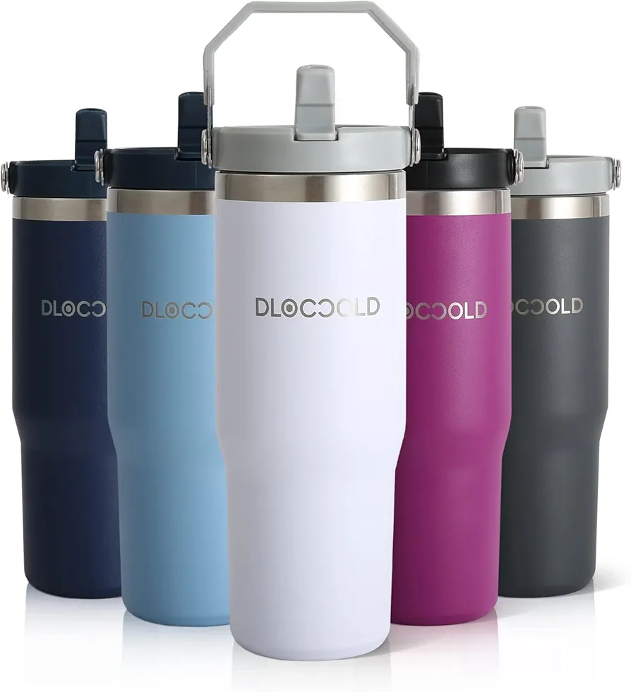 DLOCCOLD 30 oz Stainless Steel Tumbler with Flip Straw & Handle, Insulated Leak Proof Water Bottle with Sip Lid for Home, Office, Car, Sports, Outdoors, Reusable Cup with Straw, Cup Holder Friendly
