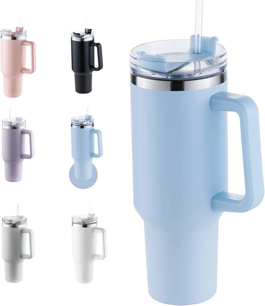 40 oz Tumbler with Handle, Keep Cold 40 Hours Stainless Steel Tumbler with Lid and Straw Double Wall Vacuum Reusable Sports Water Bottle with Handle Travel Coffee Mug, Light Blue, Glacier