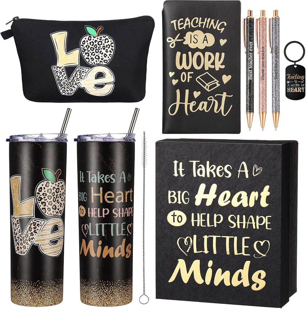 8 Pcs Teacher Appreciation Gift Set 20oz Teacher Tumbler with Lids Straws Appreciation Keychain Makeup Bag Pen Teacher Notebook for Graduation Thank You Gift Office School(Novel Style)