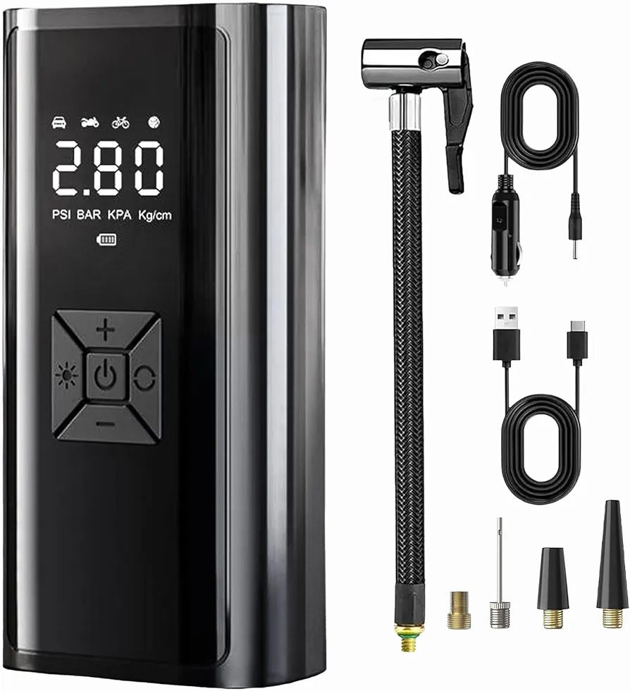 Tire Inflator Portable Air Compressor, Cordless Air Compressor with Light, Rechargeable and Dual Power Supply (12V DC), Suitable for Inflating Cars, Motorcycles, Bicycles, Balls, etc.