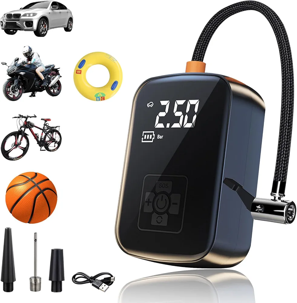 Electric Bike Pump, 150PSI Bicycle Pump with Digital Pressure Gauge, Portable Car Tire Cordless Air Compressor, Auto Shut-Off Rechargeable Smart Ball Inflator for Basketball, Soccer, Motocycle