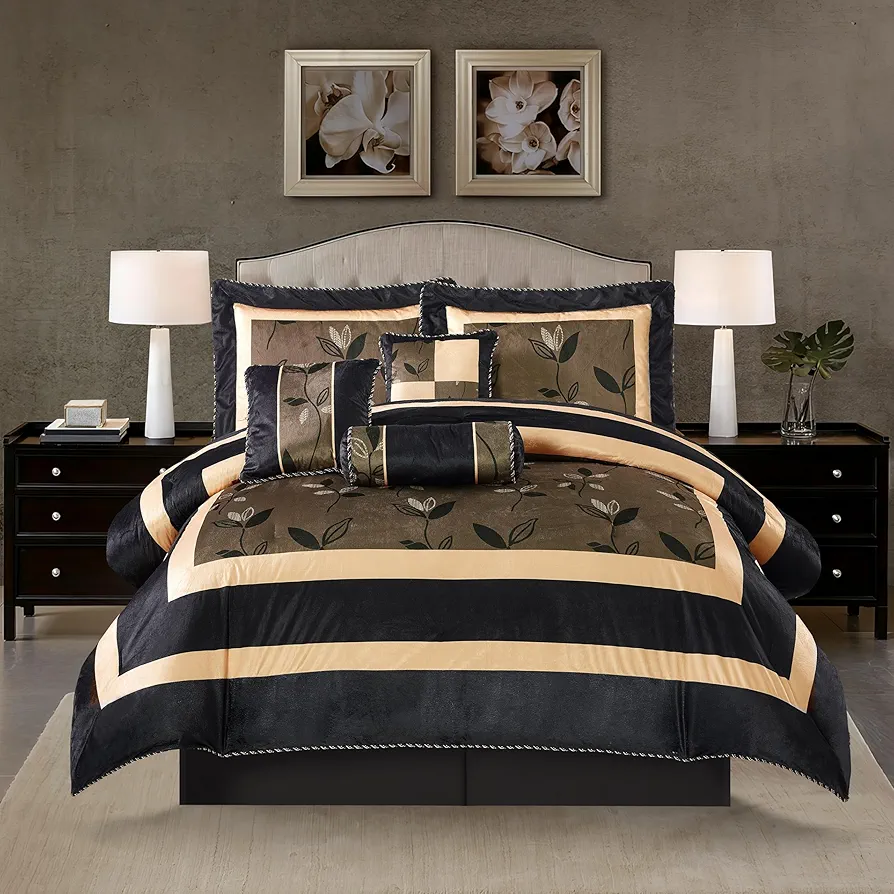 Stratford Park Elegant Leaves 7-Piece Comforter Bedding Set, Bronze, Queen Size, Short Plush Print Comforter Set, All Season Bedding Set