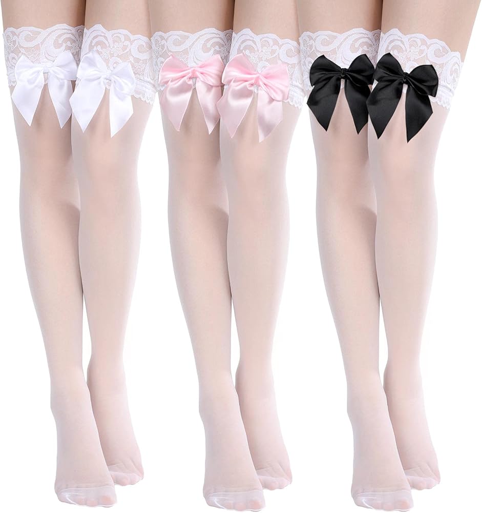 Geyoga Women Bow Lace Thigh High Stockings over the Knee Stocks for Valentine's Day