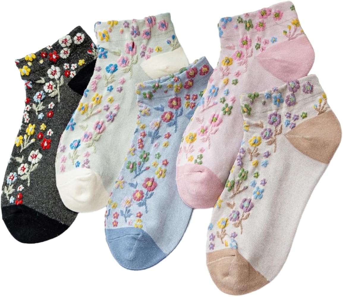 5 Pairs Cute Ankle Socks Kawaii Embroidered Floral Combed Cotton Socks For Girls Women
