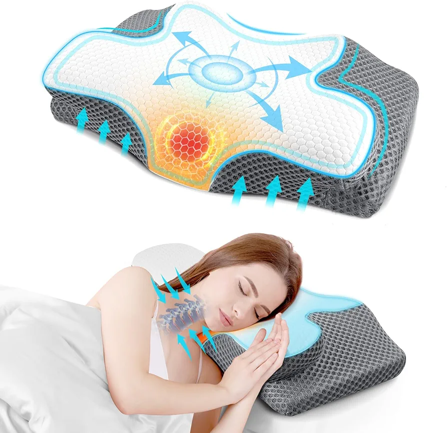 Cervical Neck Pillow Cervical Pillow for Neck Pain Relief, 3 in 1Graphene Heated, Odorless Ergonomic Contour Memory Foam Pillows, Orthopedic Bed Side Back Stomach Sleeping