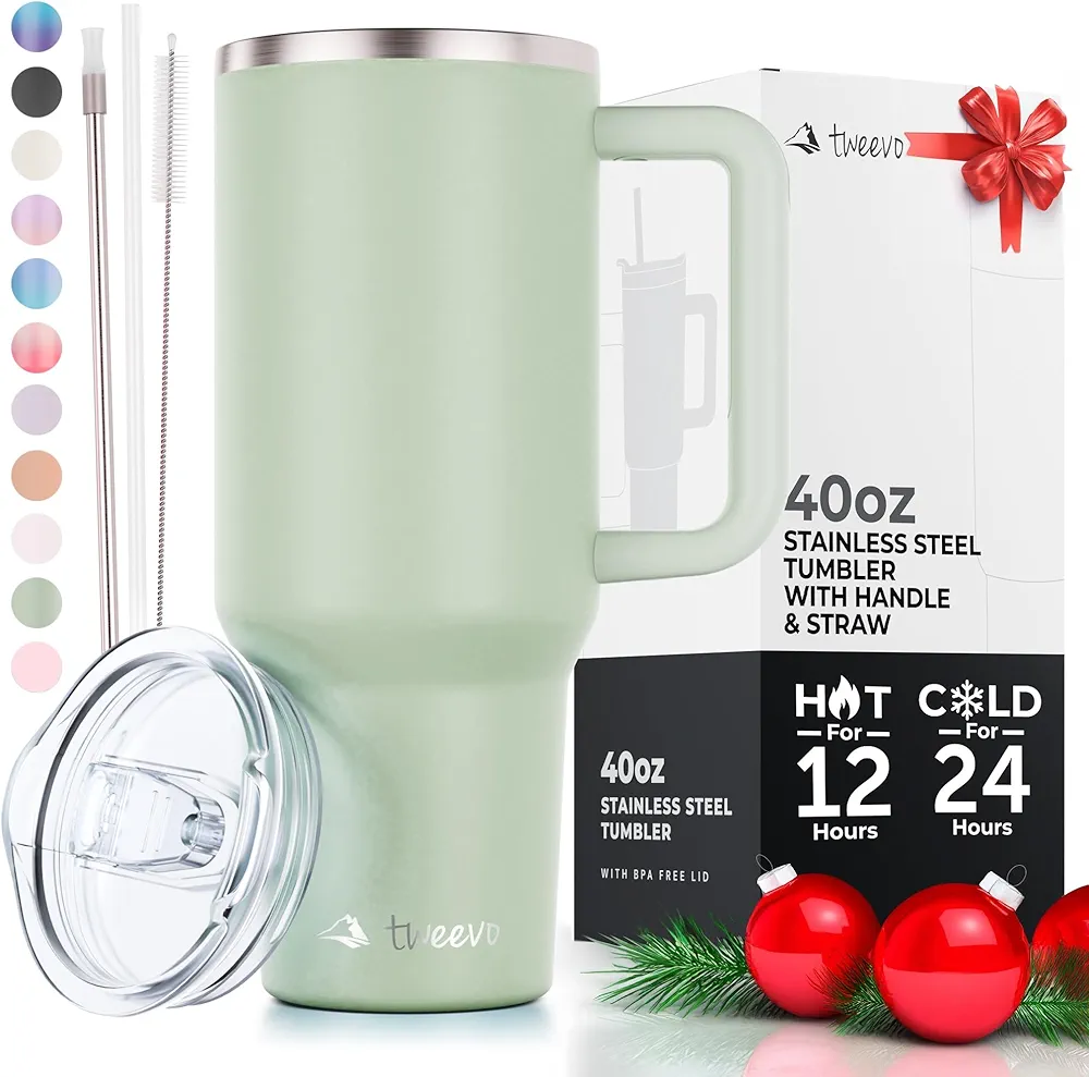 40 oz Tumbler With Handle and Straw Made of Stainless Steel - Double Wall Vacuum Insulated Tumbler With Lid - Sweat Proof Easy Grip, BPA-Free, Dishwasher Safe Tumbler (Sea Sage)