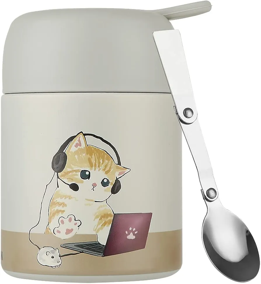 Funkrin 16oz Insulated Food Jar with Folding Spoon,Stainless Steel Lunch Bento Box for Kids Adults, Vacuum Leak Proof Soup Container for Hot & Cold Food