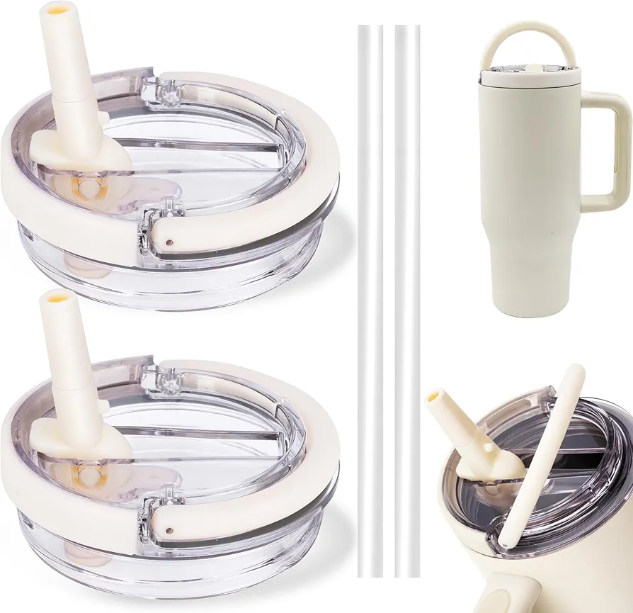 2 Pack 40 oz Tumbler Flip Straw Lid Replacement fit for Stanley Quencher, Leak-Proof Splash Resistant Tumbler Lids with Handle,Reusable Tumbler Cover for Stanley Cup (Cream White)