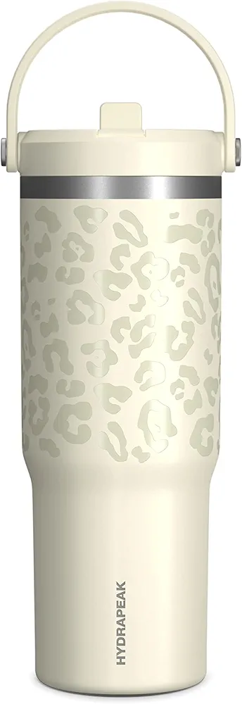 Hydrapeak Nomad 32 oz Tumbler with Handle and Straw Lid, Leakproof Tumbler, Tumbler Lid Straw, Double Insulated Tumblers, 32oz Double Insulated Cup Straw, Stainless Steel (Cream Leopard)
