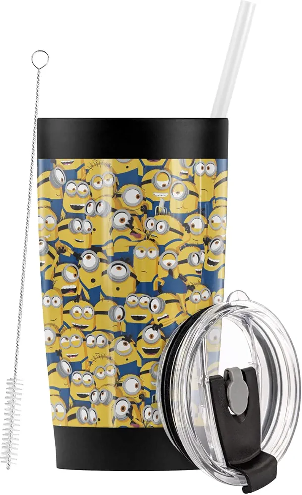 Logovision Minions OFFICIAL Group Pattern Stainless Steel Tumbler with Straw and Flip Lid 20 oz Travel Mug/Cup, Vacuum Insulated & Double Wall with Leakproof Dual Lid