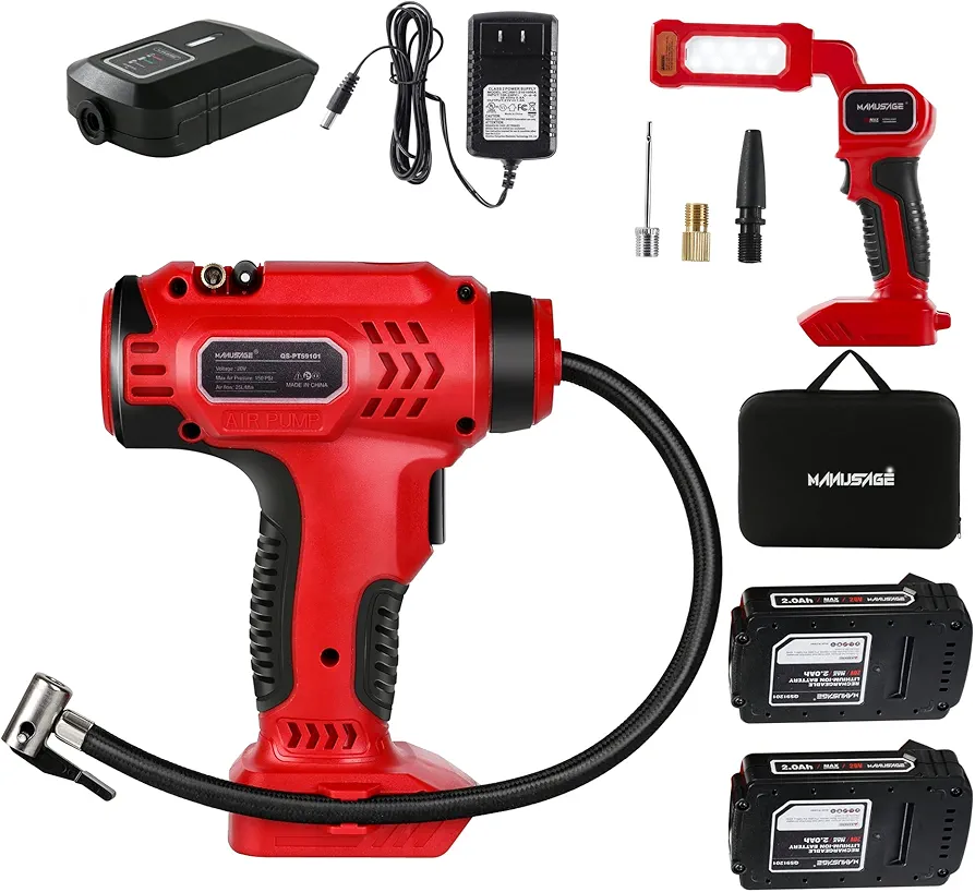 Tire Inflator Air Compressor & Work light Kit,20V Cordless Car Tire Pump with Digital Pressure Gauge,2.0A Rechargeable Li-ion Battery,20V Lithium-Ion work light