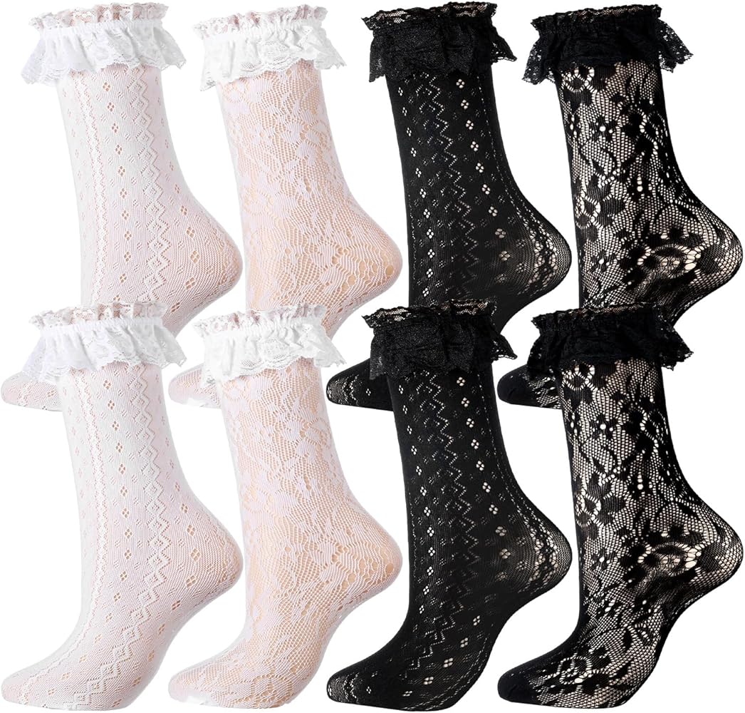 Geyoga 4 Pairs Lace Ruffle Frilly Ankle Socks Women Lace Socks Cute Dress Socks for Women Ladies Princess Accessories(Black, White,Delicate)