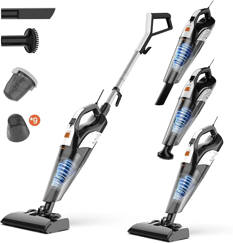 Hihhy Vacuum Cleaner, Stick Vacuum Corded, 4-in-1 Handheld Small Vacuum Cleaners for Home, Mini Vacuum Lightweight 20Kpa 600W Powerful Suction, Portable Hand Held Vac for Hard Floor (Black)