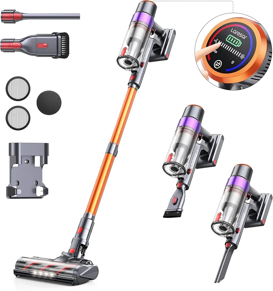 Laresar Cordless Vacuum Cleaner, 450W/38000pa Stick Vacuum Cleaner with Touch Screen, Max 55 Mins Runtime, Handheld Anti-Tangle Vacuum Cleaner